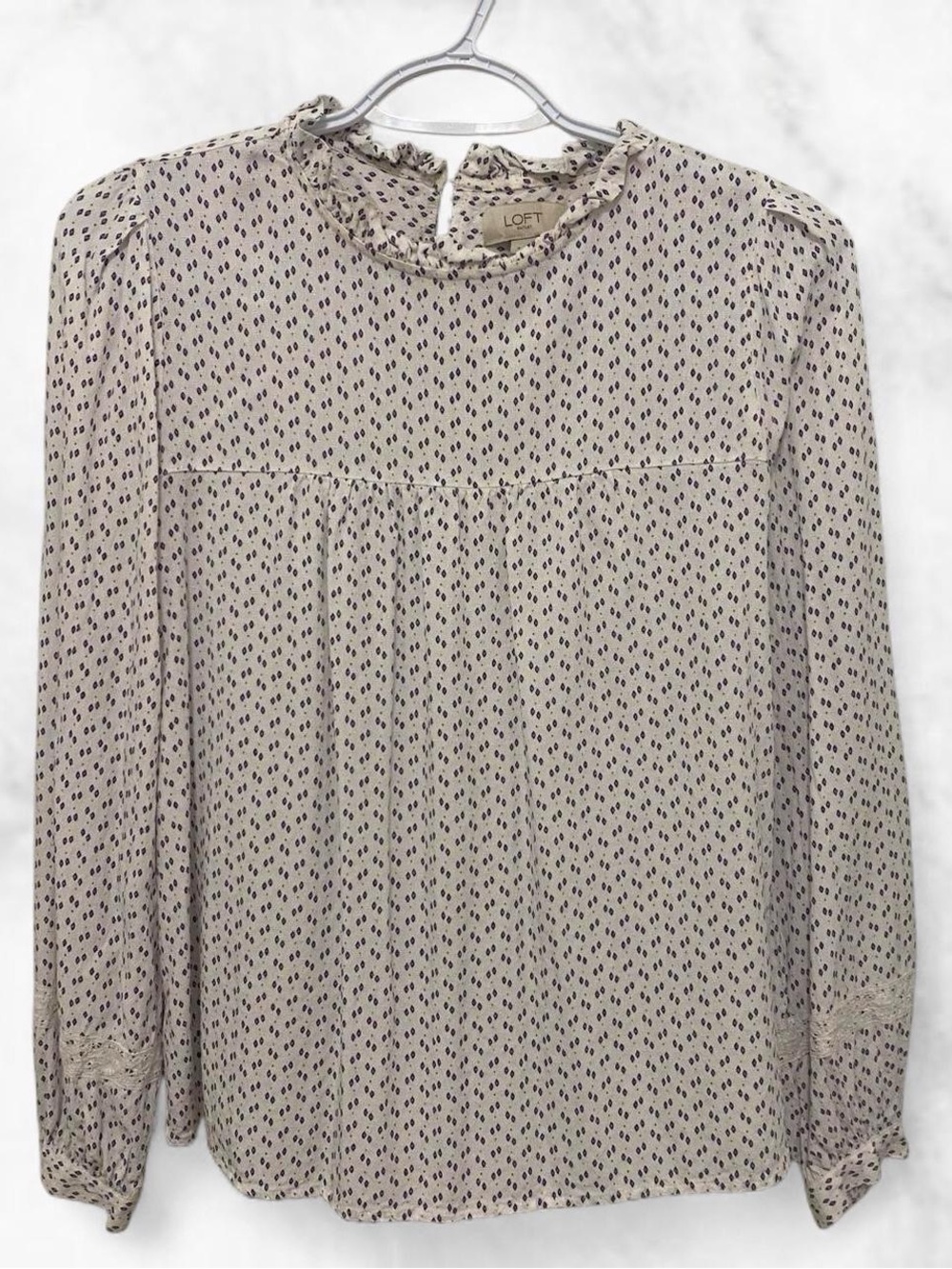 LOFT White Patterned Ruffle Neck Long-Sleeve Blouse Small